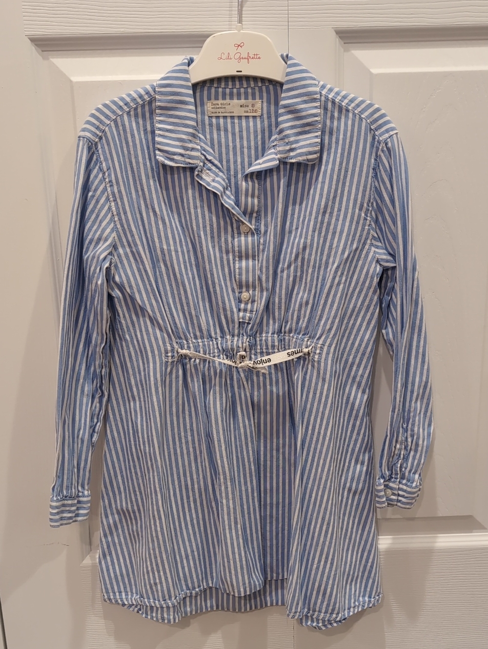 Zara Blue and White Stripe Long-Sleeve Shirt Dress